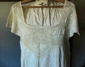 Antique Farmhouse Dress * Prairie Cottage County * Soft Cream White tone * Hand Crocheted Top / Upper* Cotton Full Length