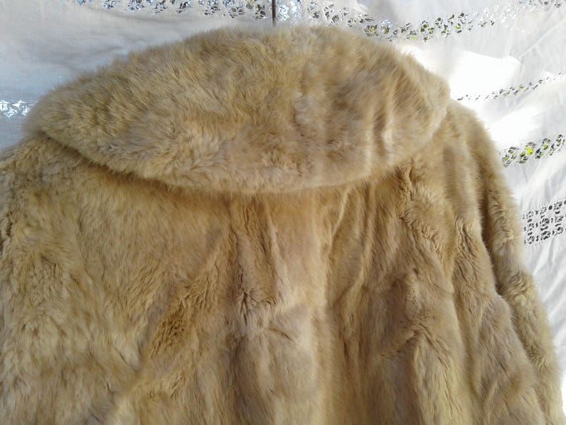 Vintage Coney Real Fur Coat in Latte Cream Brown tone Est Size Small Medium Lined Rabbit Dramatic Collar and Cuffs With Pockets