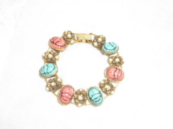 Vintage Scarab Bracelet ~ Faux Pearl ~ Link Style… - image 5