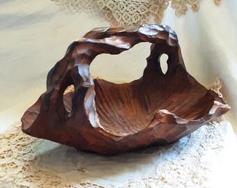 Hand Carved Vintage Wooden Basket with Handle * Warm Brown Tone Wood * Rustic Cabin Home Decor * Handcrafted Western Decor