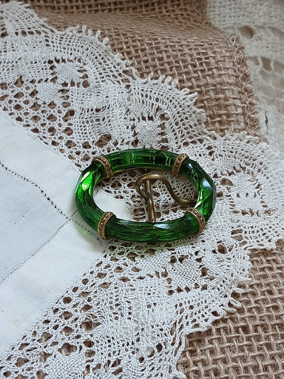 Belt Buckle Vintage Czech Emerald Green Glass and… - image 3