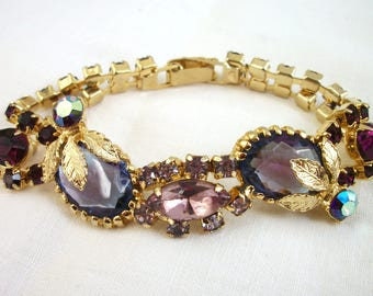 Vintage Purple Rhinestone Bracelet ~ Multiple tones ~ Various Shapes ~ Gold tone ~ Costume Jewelry