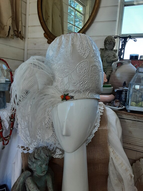 Vintage Tall Brocade Hat * Ostrich Feather * Whit… - image 8