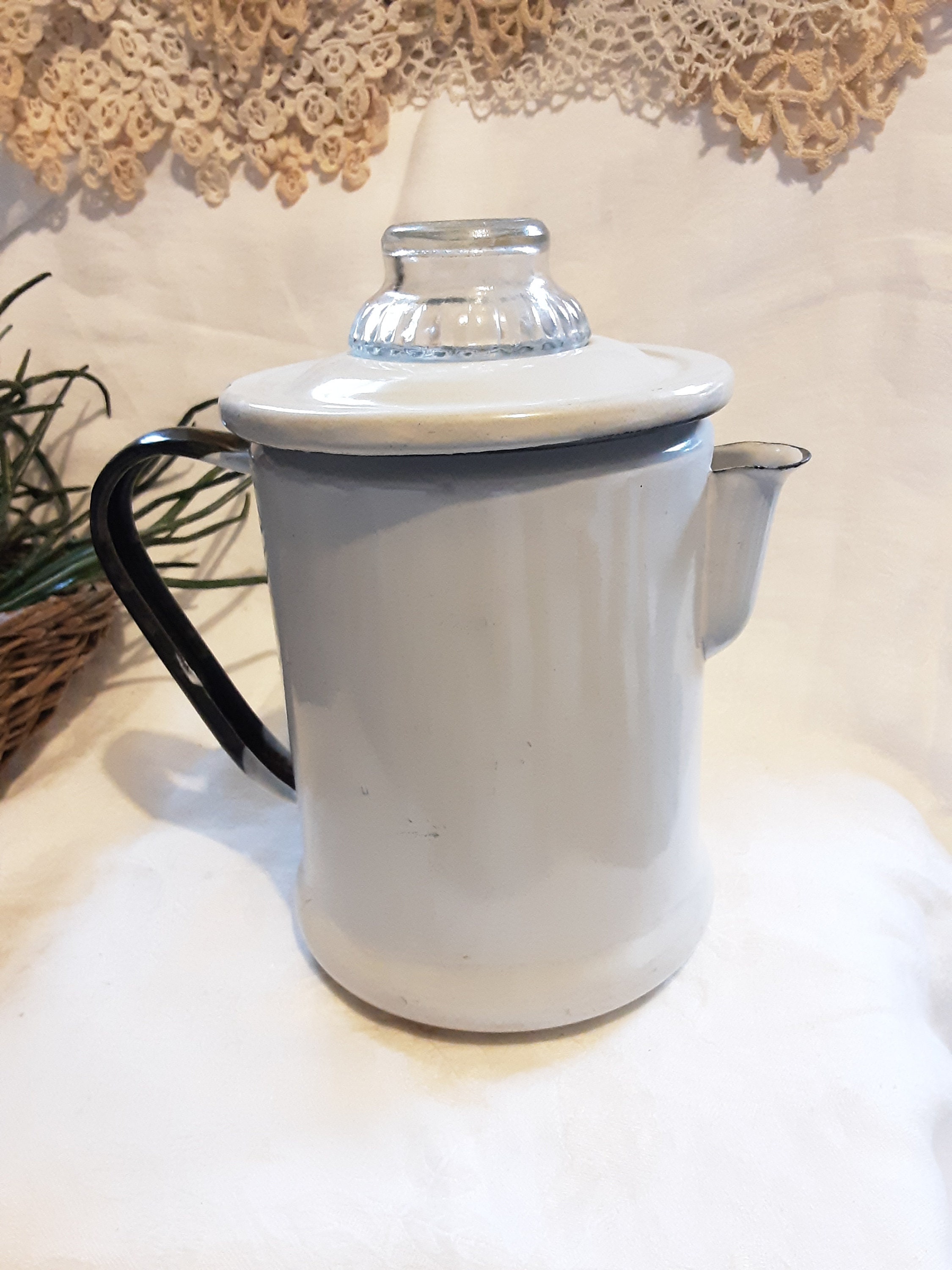 Vintage Enamelware White and Black Percolator Coffee Pot Glass