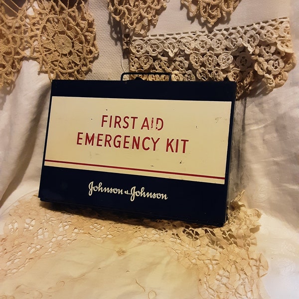 Vintage Wall Hanging Top Handle First Aid Emergency Kit Metal Medicine Cabinet Johnson & Johnson *Blue White Red* Some Prop Boxes included