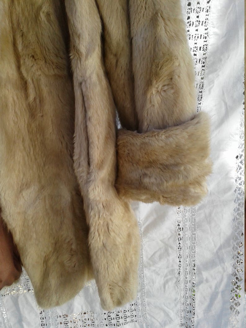 Vintage Coney Real Fur Coat in Latte Cream Brown tone Est Size Small Medium Lined Rabbit Dramatic Collar and Cuffs With Pockets