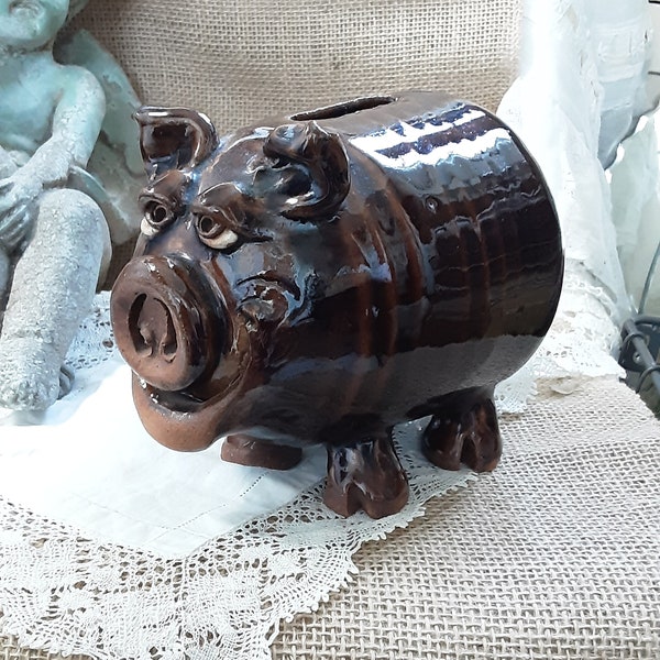 Vintage Pottery Piggy Bank / Glazed Art Studio Pottery * Brown Pig Bank * Adorable Animal