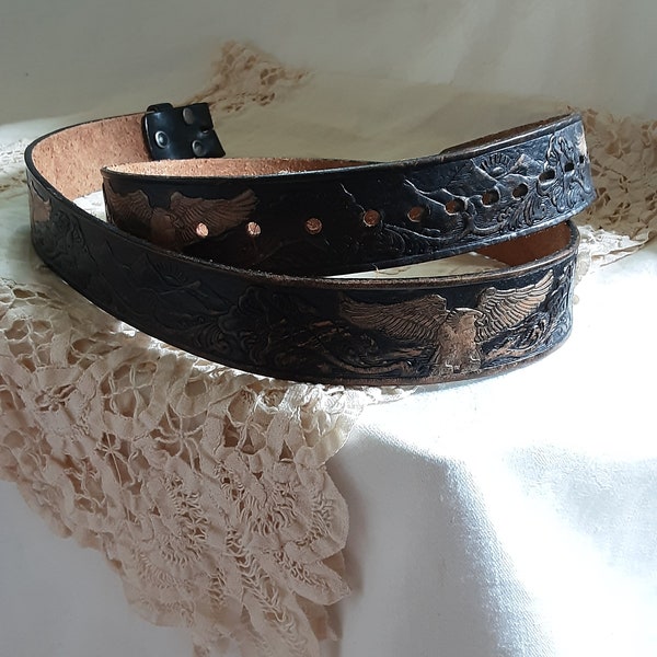 Vintage Belt * Heavily Tooled Leather Eagle  / Eagles with Florals & Mountains * 1970s 80s era Tooled * Leather Belt * Size Marked 42 *