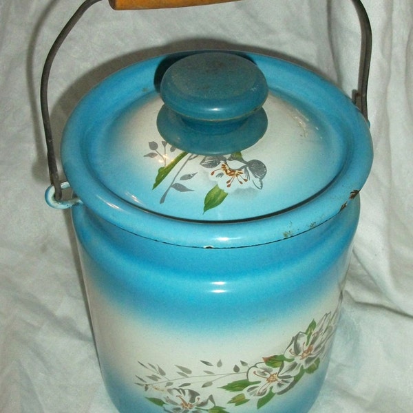 Vintage Blue -  Milk Pail with Lid - Primitive - French Country - Enameled Flowers  - European -Swing Handle