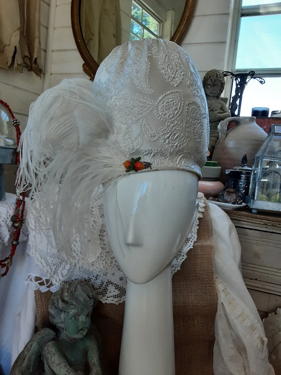 Vintage Tall Brocade Hat * Ostrich Feather * Whit… - image 1