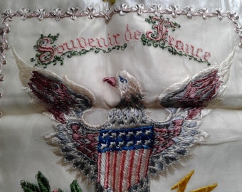 Souvenir de France Pillow Sham * 1918/1920s era * Hand-Embroidered Ribbon Embroidery Antique * Eagle * Lace Edging * Lg Size* Paris France