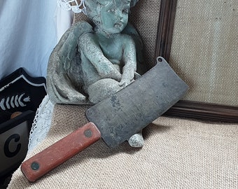 Vintage Chef / Cook Kitchen Tool Cleaver Chop / Chopping Utensil * Heavy Duty * Wood handle Brass Rivets * Farmhouse Primitive Rustic Decor