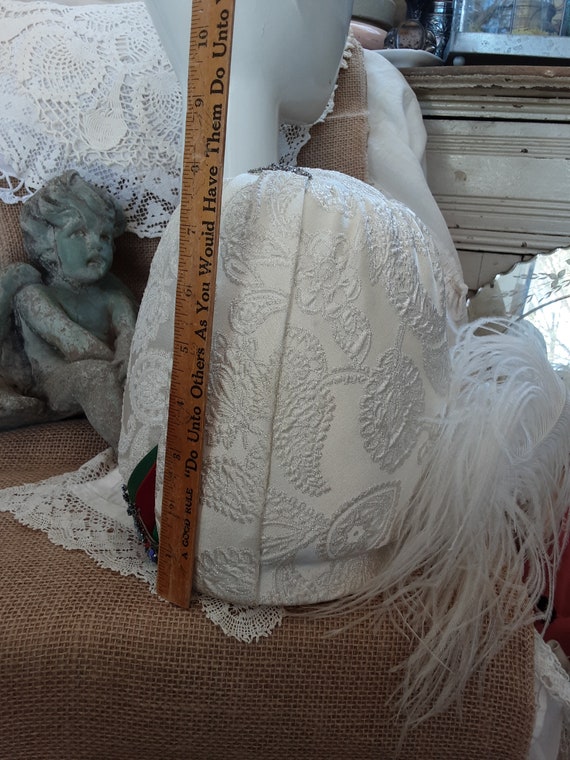 Vintage Tall Brocade Hat * Ostrich Feather * Whit… - image 2