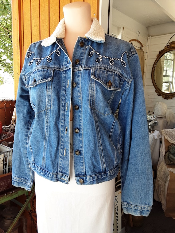 Denim Jacket Sherpa Faux Fur Collar Rodeo Western Trimming - Etsy