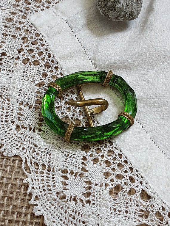 Belt Buckle Vintage Czech Emerald Green Glass and… - image 10