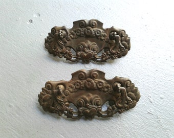 Vintage Aged and Romantically Detailed drawer pulls * Set of 2 Pieces * Rustic Metal Chic * Cottage Antique Hardware.