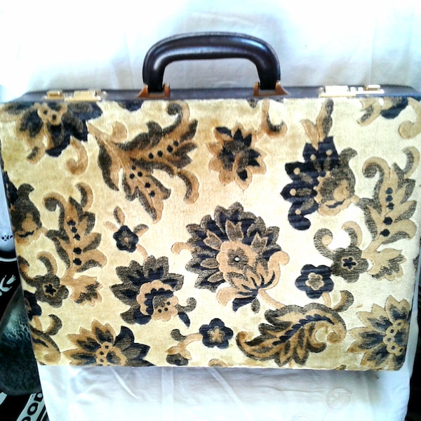 Vintage Chenille/Carpet bag * Briefcase * Floral Black and Yellow * Leather Interior * Brass Combination Lock / Home Office Organization