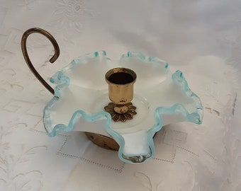 Chamberstick with Handle* Vintage Candle Holder * Unique Brass with Ruffled Edge Glass * Beautiful Home Decor * Non Electric Lighting