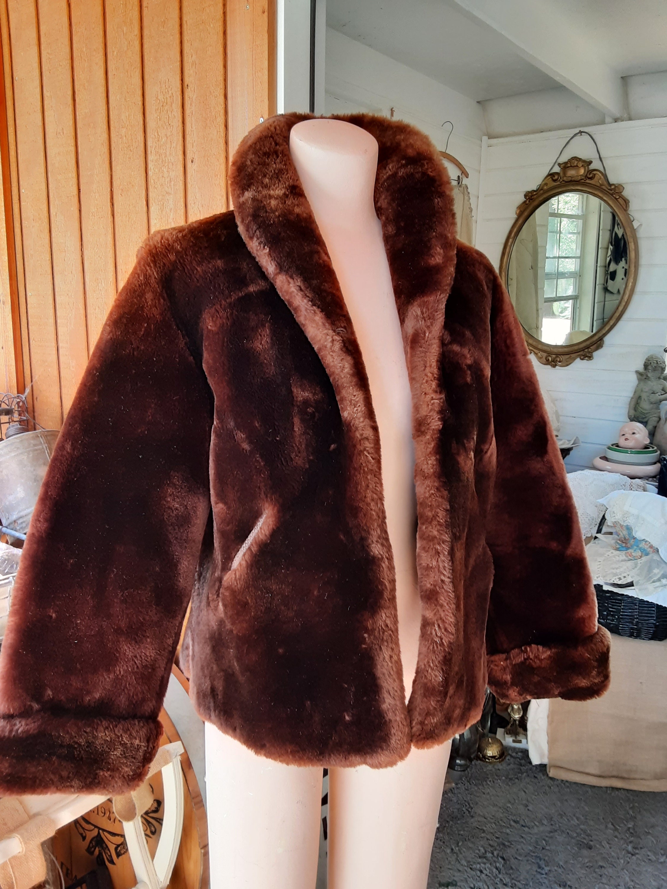 Real Fur Vintage Coat Brown Mouton Sheep Mega Warm 1950s 60s Era Jacket Lined Est Size Small medium Etsy Sweden