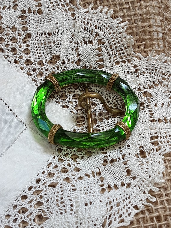 Belt Buckle Vintage Czech Emerald Green Glass and… - image 1