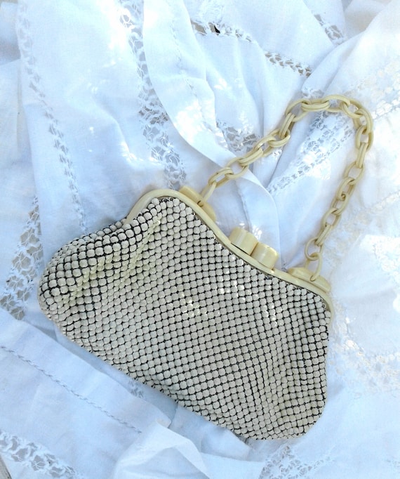 Whiting and Davis Deco Purse * Vintage Cream Cell… - image 1