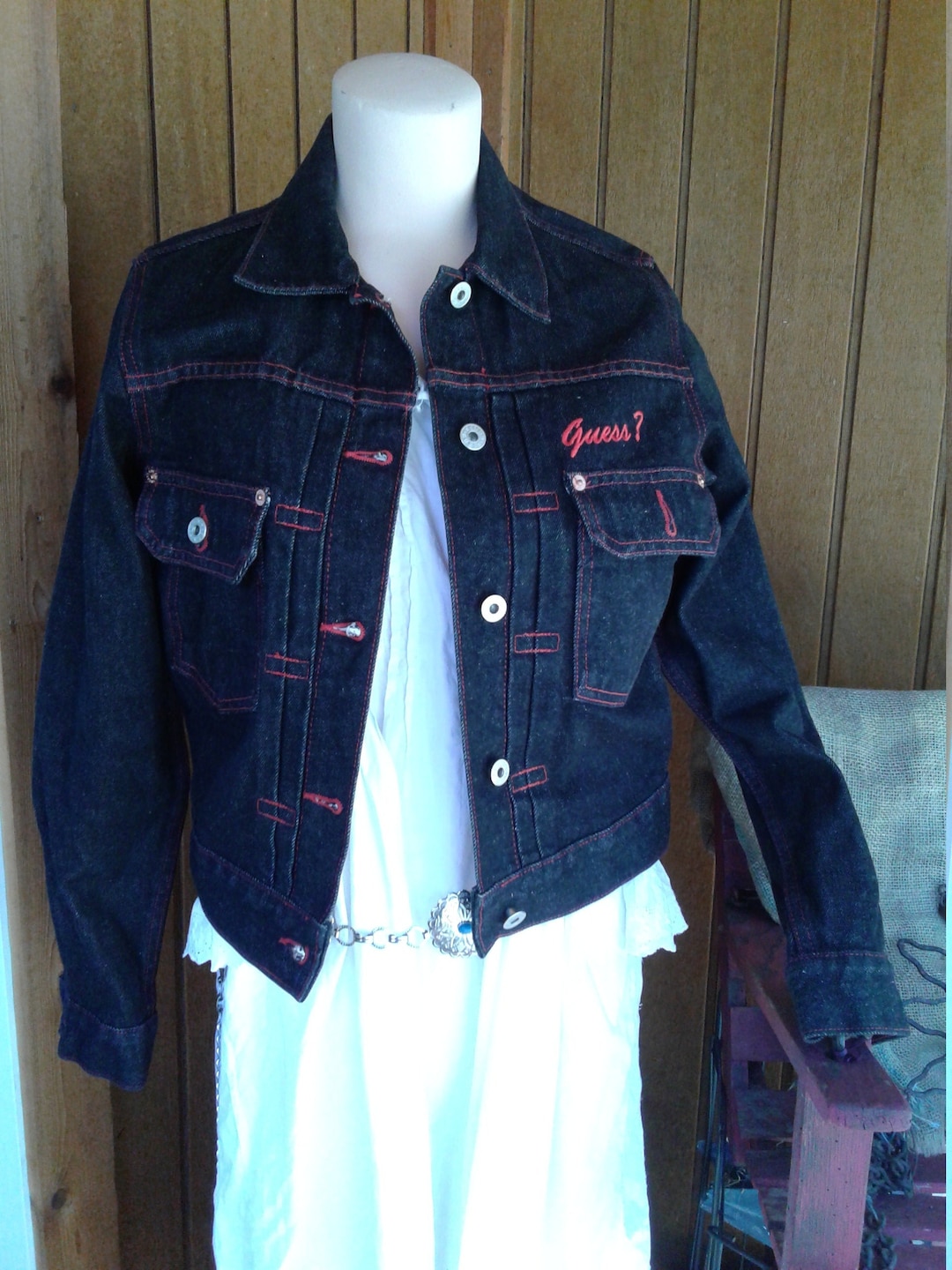 Vintage Black Denim Guess Jacket USA Made Red EMBROIDERED Etsy