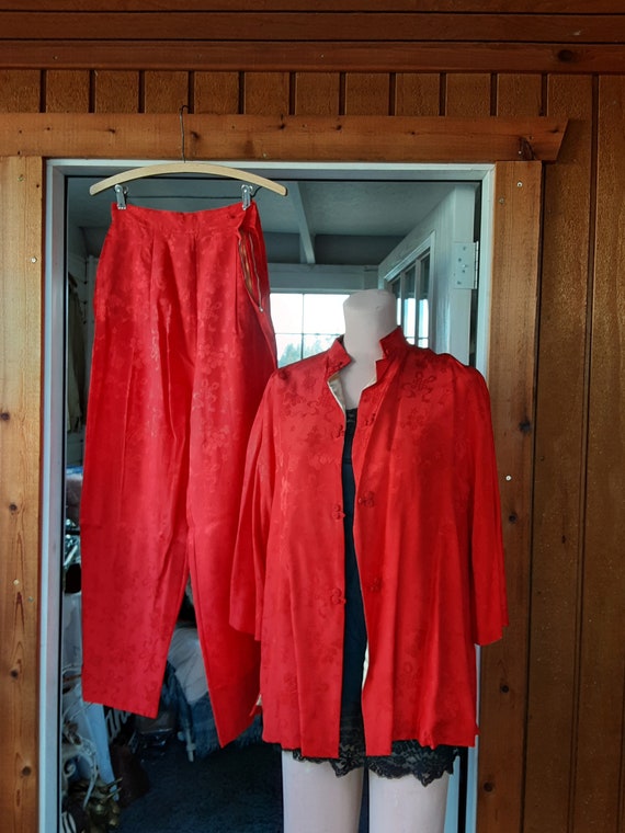 Red Silk Pajamas * Vintage 1950s era * Pants and T