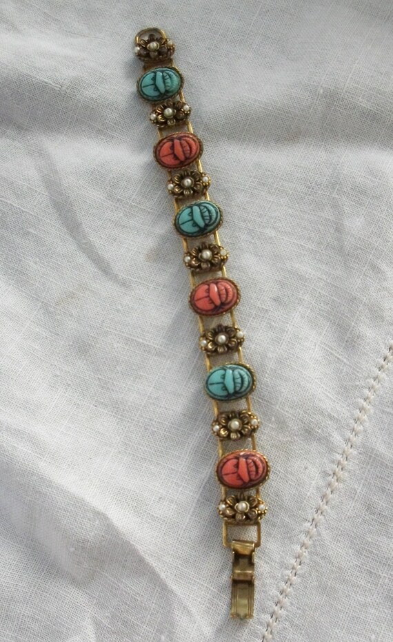 Vintage Scarab Bracelet ~ Faux Pearl ~ Link Style… - image 4