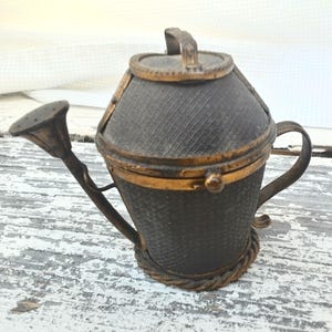 Watering Can Rare Thimble Holder ~ Secret Compartment ~ Antique ~ Gorgeous Patina ~ Gold tone / Wood/Purple Interior/Hinged Lid /Sewing