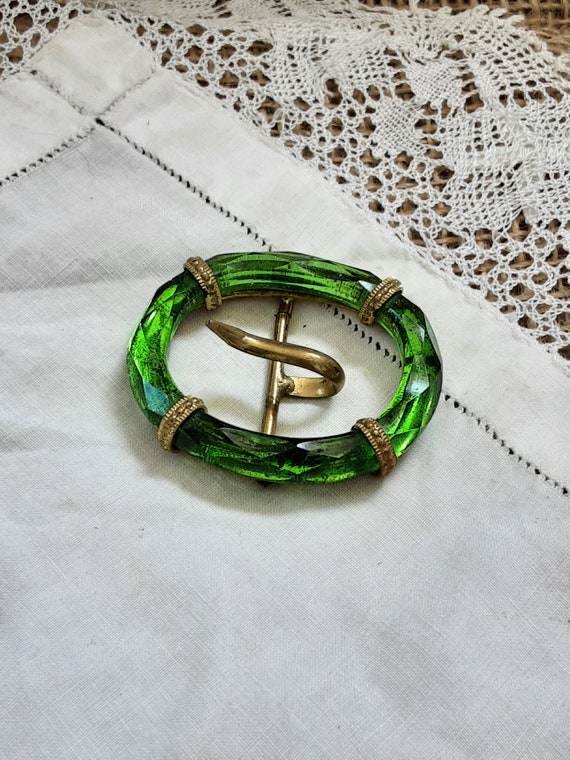 Belt Buckle Vintage Czech Emerald Green Glass and… - image 5
