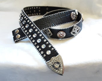 Western Vintage Belt * Heavily Decorated Leather * Metal and Rhinestone Accents * Black Leather Belt * Marked Size M  / L