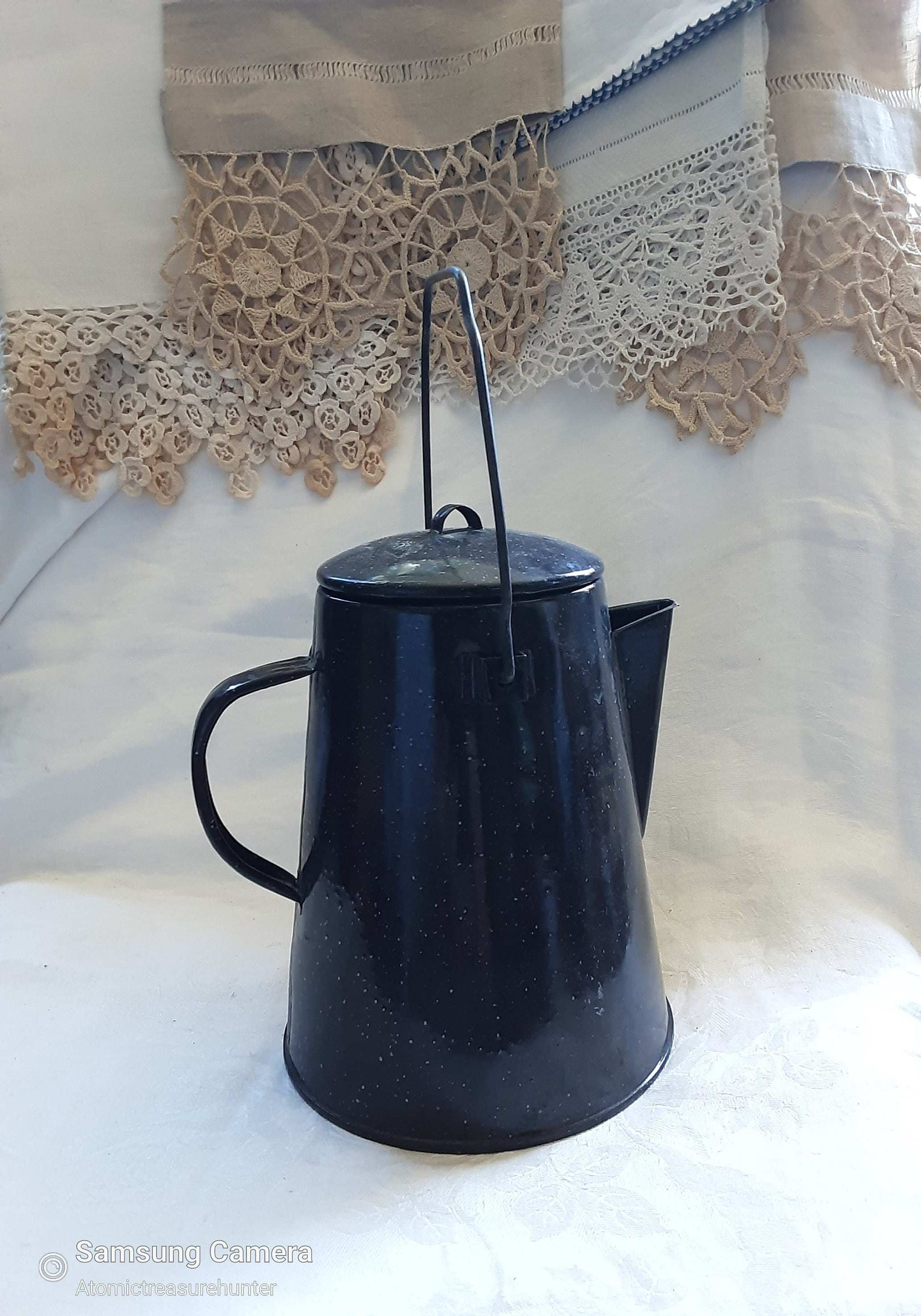 Large VTG Blue Speckled Enamel Cowboy Coffee Pot Black Wood Handle Camping  Deco