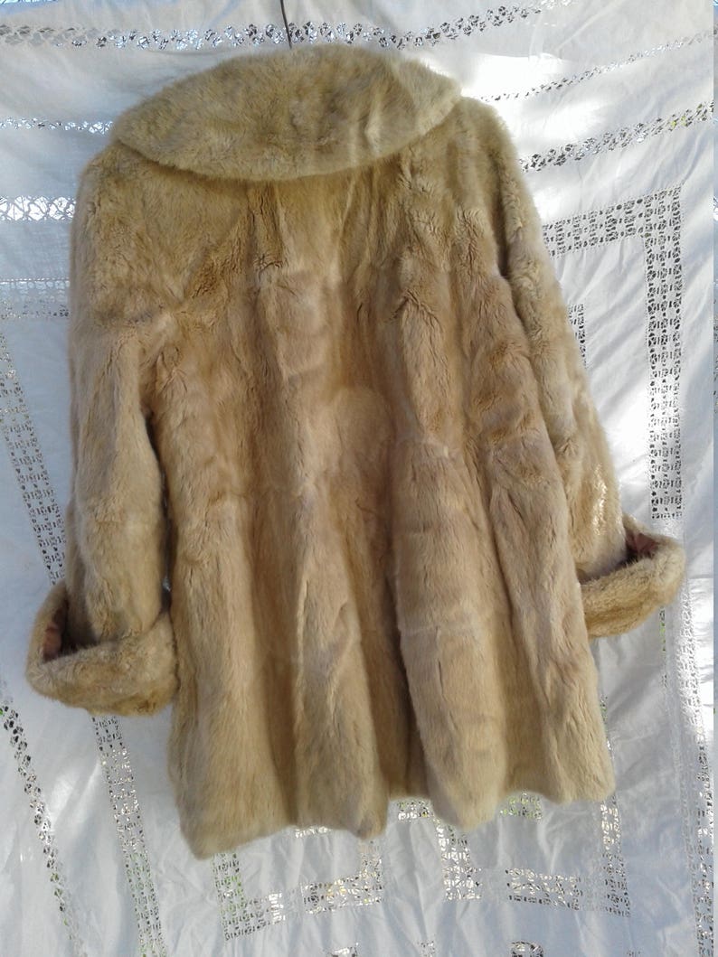 Vintage Coney Real Fur Coat in Latte Cream Brown tone Est Size Small Medium Lined Rabbit Dramatic Collar and Cuffs With Pockets