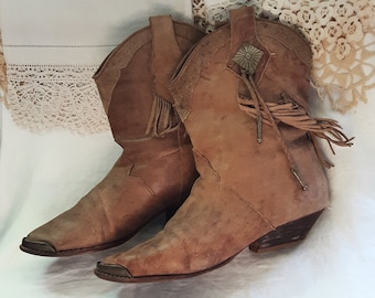 Vintage Brown Rustic Fringed Western Boots * Antiqued Gold Tone Accents * Toe Accent * Low Heel * Leather Boots