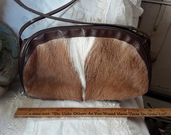 Vintage Cow Purse * Vintage Western Accessories * Real Fur * Crossbody * Metal Zipper * Western Punk Style * Brown and Cream White