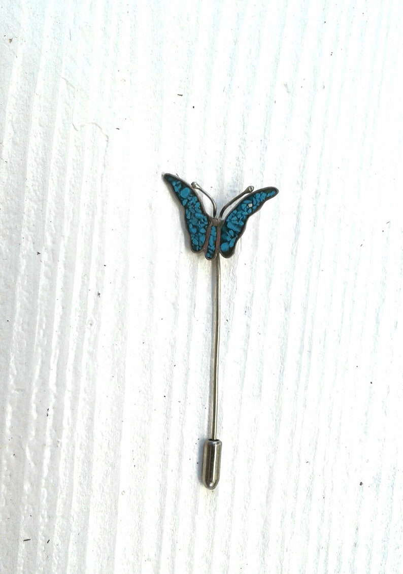 Butterfly Stick Pin Vintage Silver Crushed Turquoise Inlay Etsy