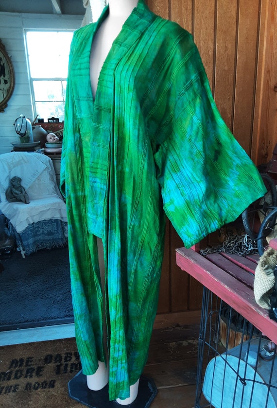 Vintage Tie Dyed Kimono * Green Tones * Side Pocke