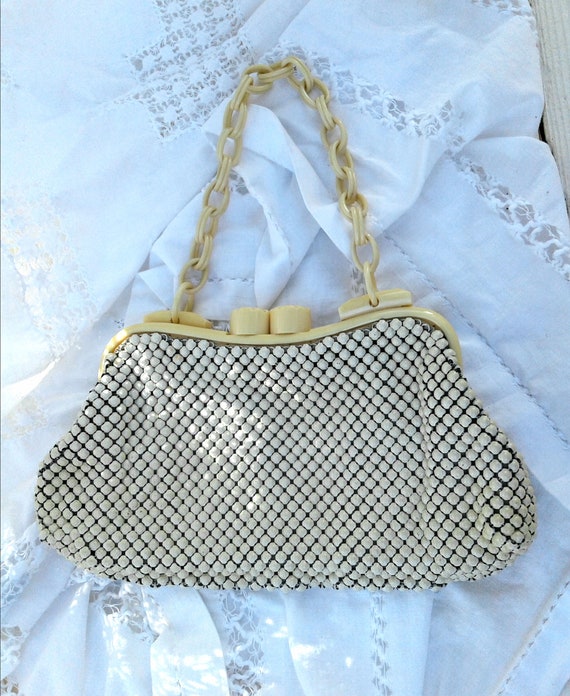 Whiting and Davis Deco Purse * Vintage Cream Cell… - image 2