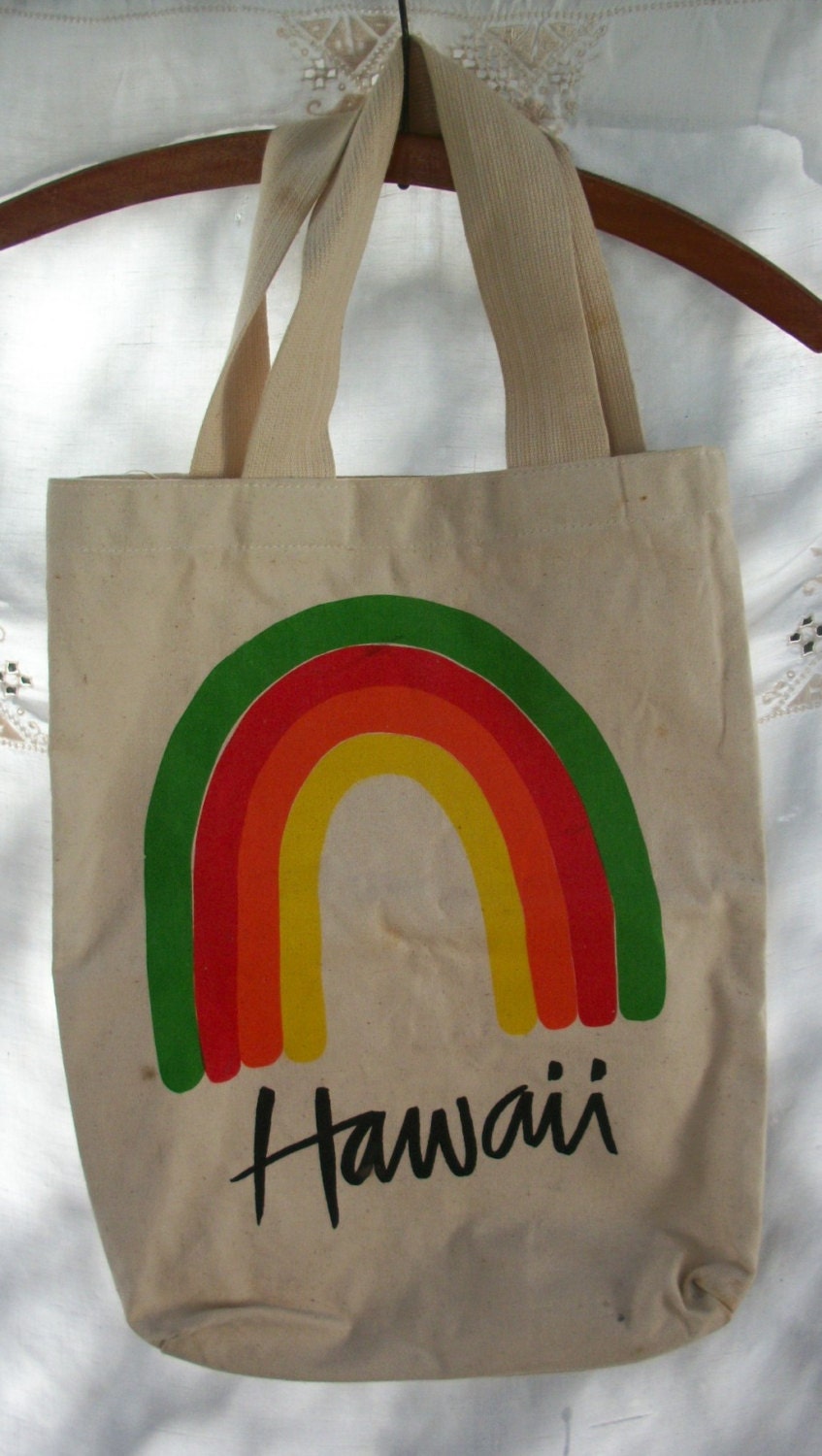 70's Hawaii Canvas Tote Souvenir Rainbow Beach Bag 