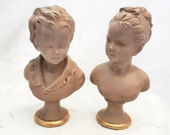 Vintage Pair of Bust * Young Boy and Girl * Terra Cotta Tone with Gold accent * Heavy Unknown Material  / As is