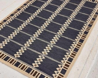 Handwoven Scandinavian Flatweave Wool Area Rug Indigo Blue Beige Nordic Design Reversible Floor Covering
