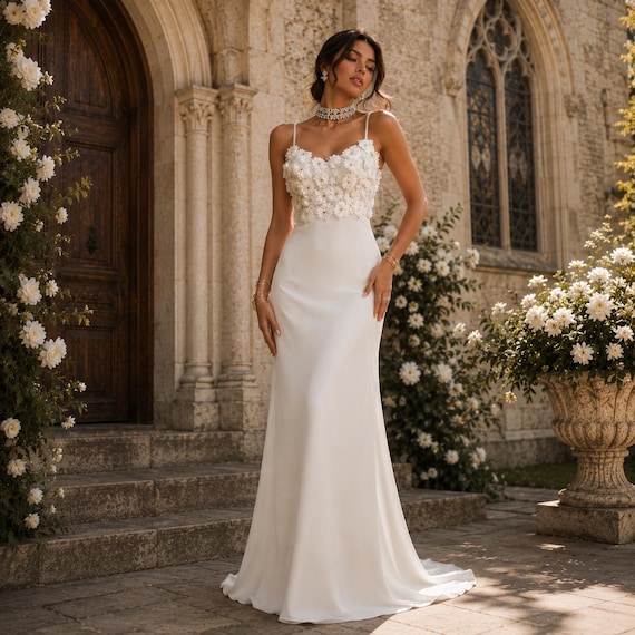 floral lace applique spaghetti-strap wedding dress Andrea and Leo -WL063 Floral V-Neck Bridal Gown 8 / OFF WHITE-NUDE