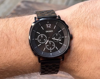 Gepersonaliseerde zwart stalen herenhorloge, aangepast bericht gegraveerde achterkant, vierkante chronograaf, uniek cadeau voor papa, verjaardagscadeau, mannelijke sieraden