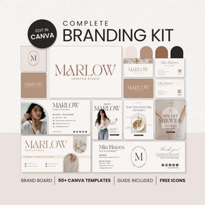Può includere: Un kit di branding completo con modelli per Canva che presenta il nome Marlow Lifestyle Studio. La collezione include vari design di biglietti da visita, grafiche per social media e tavole di marca in tonalità neutre beige, marroni e bianche.
