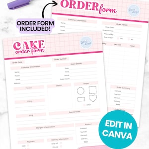 May include: A printable cake order form template with a pink grid background, featuring sections for customer information, event details, flavor, filling, icing, and payment. The document includes the text ORDER FORM INCLUDED, EDIT IN CANVA, and Thank You, accompanied by a purple pen.