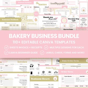 Könnte beinhalten: Ein Bäckerei-Business-Paket mit über 110 bearbeitbaren Canva-Vorlagen, darunter Rechnungen, Quittungen, Tortenbestellformulare, Allergenhinweise, Geschenkgutscheine, Speisekarten und Pflegeanleitungen, gestaltet in einem rosa-weißen Farbschema.
