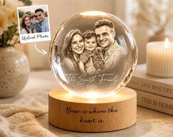 Custom 3D Photo Crystal Ball Lamp – Engraved Family Keepsake, Wood LED Base