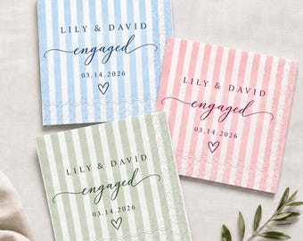Personalized Engagement Cocktail Napkins | Custom Names & Date | Pastel Striped Wedding Napkins | Bridal Shower Party Decor