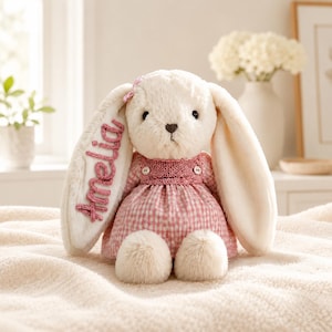 May include: A cream-colored plush rabbit toy with long ears, wearing a pink and white gingham dress with two small buttons at the neckline. The name Amelia is embroidered in pink script on the inner side of the rabbit's right ear.