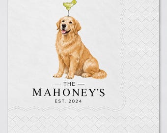 May include: A white square paper napkin with a textured border featuring a golden retriever illustration with a margarita glass balanced on its head. Below the dog, the text reads THE MAHONEY'S EST. 2024 in a black serif font.